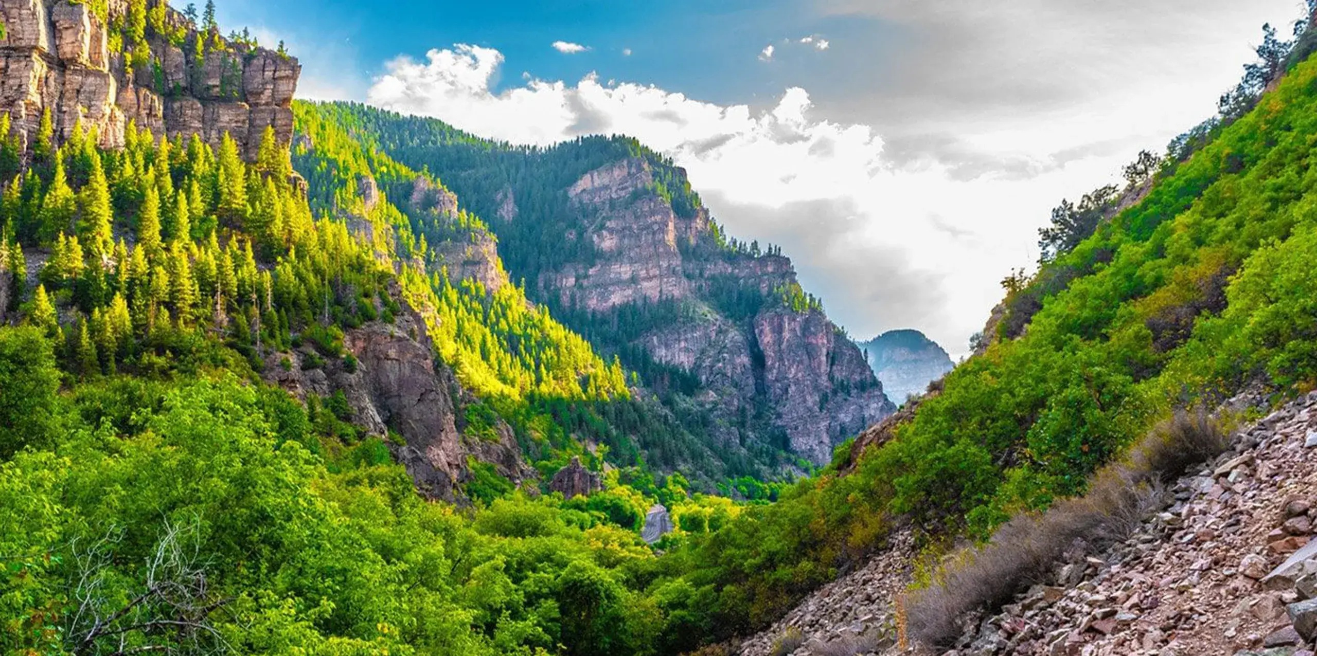 A scenic view of a lush green valley, the perfect destination, surrounded by steep, rocky cliffs and forested mountains under a partly cloudy sky. Sunlight illuminates parts of the trees and mountains, enhancing the vibrant greenery.