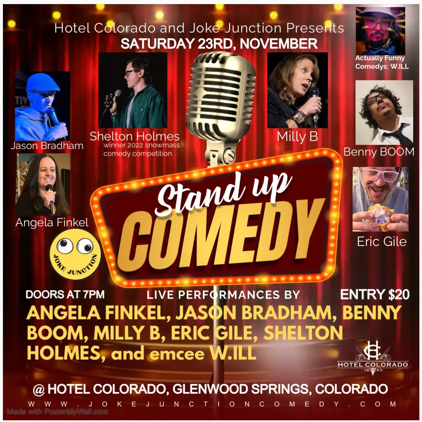 A colorful comedy poster promoting a stand-up event on Saturday, 23rd November at Hotel Colorado. Featuring comedians Angela Finkel, Jason Bradham, Benny Boom, Milly B, Eric Gill, and Shelton Holmes. Shows start at 7 PM; tickets are $20.